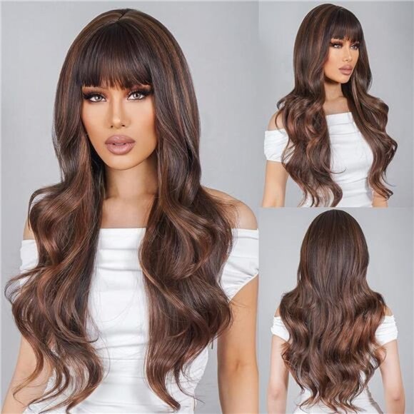 Women Cosplay Daily Natural Hair Wig Heat Resistant Fiber - Brown Mixed Highligh main image 5
